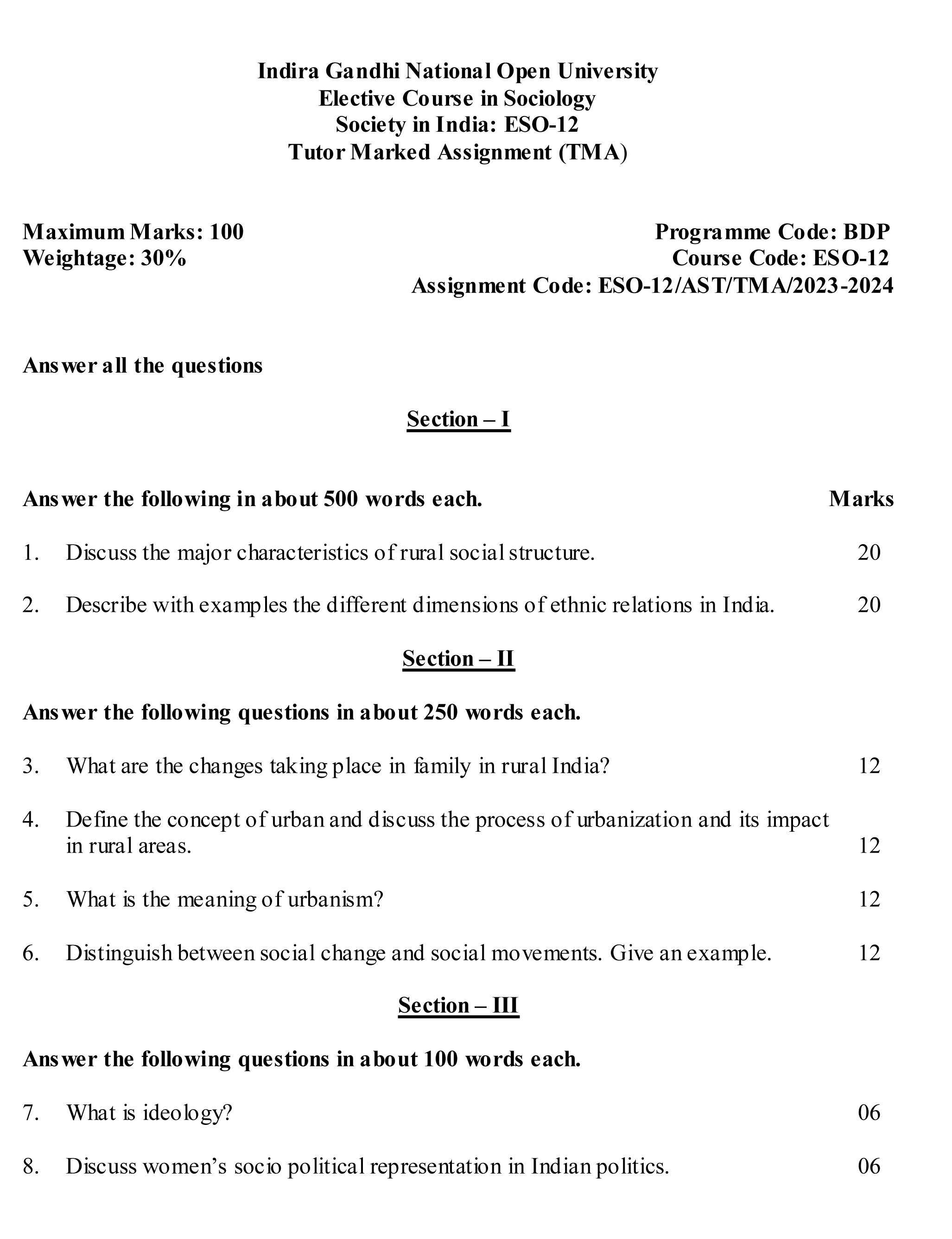 IGNOU ESO-02/12 - Society in India, Latest Solved Assignment-July 2023 - January 2024