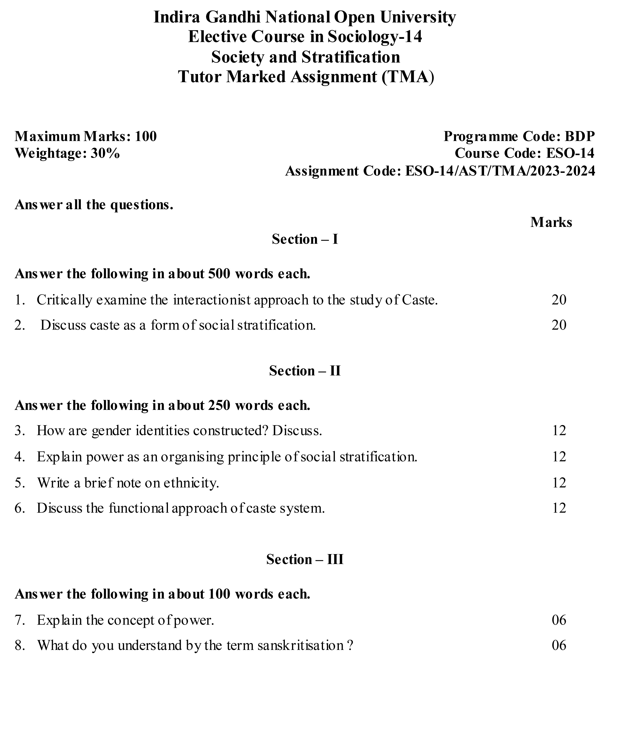 IGNOU ESO-04/14 - Society and Stratification, Latest Solved Assignment-July 2023 - January 2024