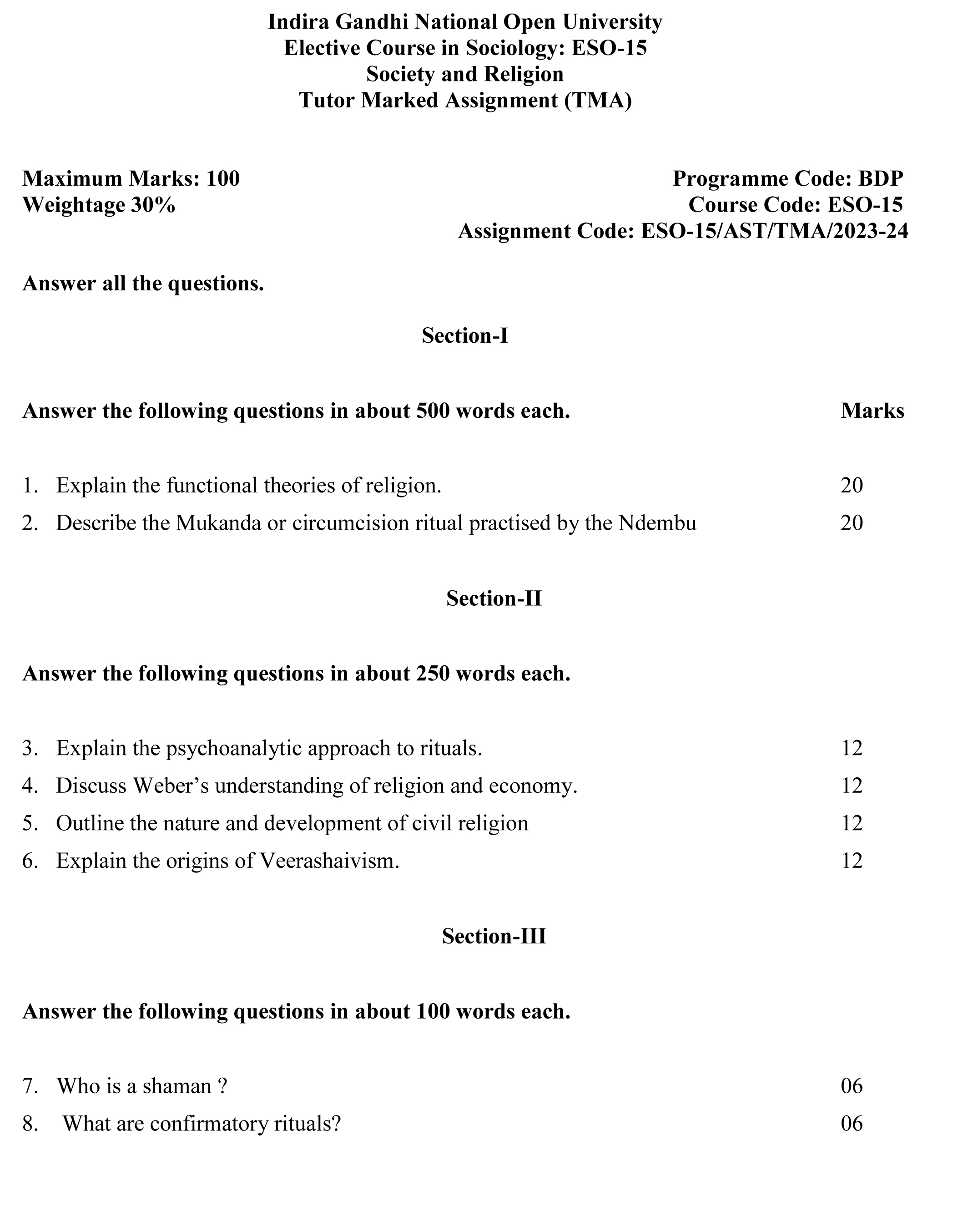 IGNOU ESO-05/15 - Society and Religion, Latest Solved Assignment-July 2023 - January 2024