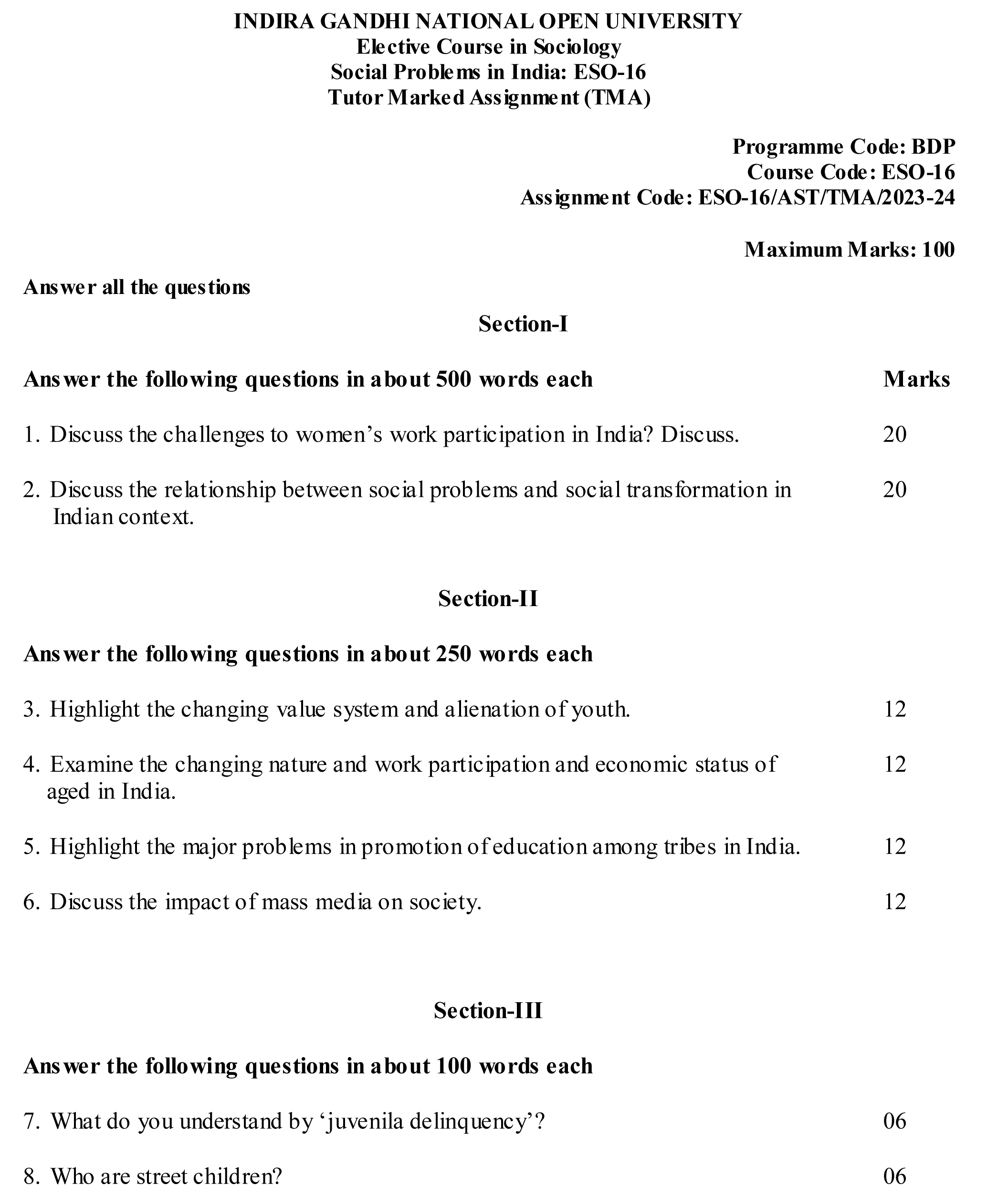 IGNOU ESO-06/16 - Social Problems in India, Latest Solved Assignment-July 2023 - January 2024