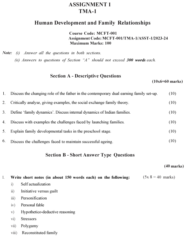 IGNOU MCFT-01 - Human Development and Family Relationships, Latest Solved Assignment -July 2023 - January 2024