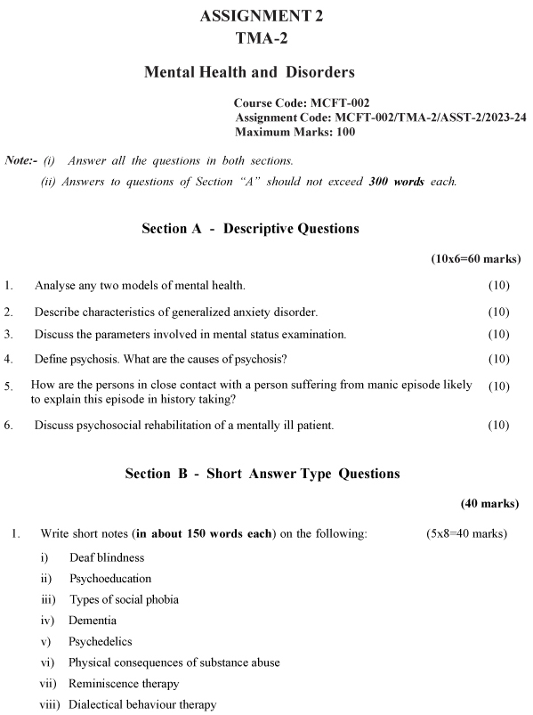 IGNOU MCFT-02 - Mental Health and Disorders, Latest Solved Assignment-July 2023 - January 2024