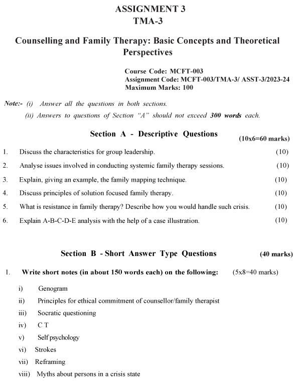 IGNOU MCFT-03 - Counselling and Family Therapy: Basic Concepts & Theoretical Perspectives, Latest Solved Assignment-July 2023 - January 2024