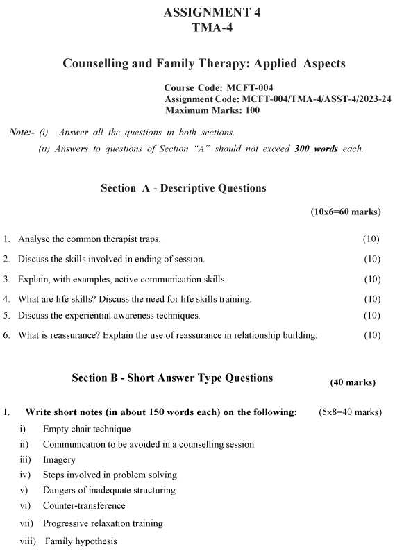 IGNOU MCFT-04 - Counselling and Family Therapy: Applied Aspects, Latest Solved Assignment-July 2023 - January 2024