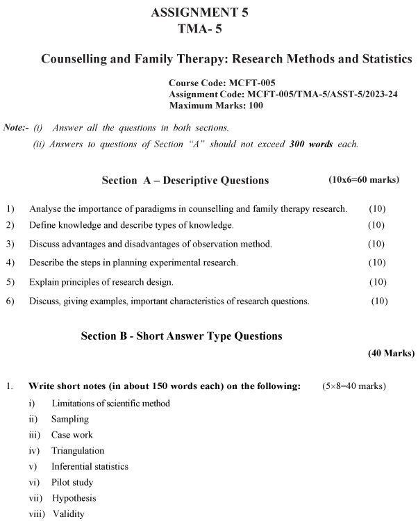 IGNOU MCFT-05 - Counselling and Family Therapy: Research Methods and Statistics, Latest Solved Assignment-July 2023 - January 2024