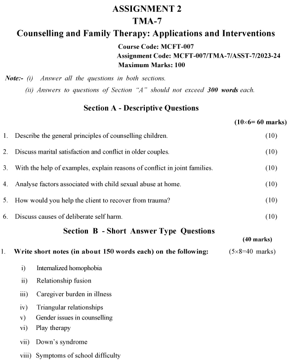 IGNOU MCFT-07 - Counselling and Family Therapy: Applications and Interventions Latest Solved Assignment-July 2023 - January 2024