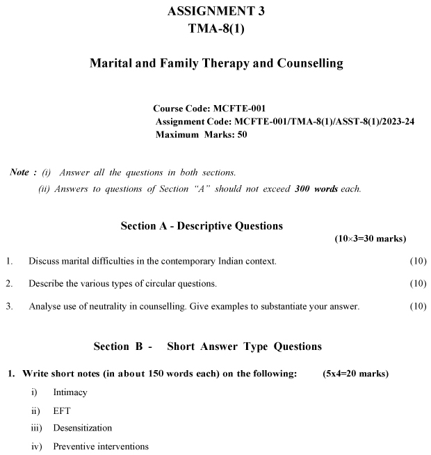 IGNOU MCFTE-01 - Marital and Family Therapy and Counselling Latest Solved Assignment-July 2023 - January 2024