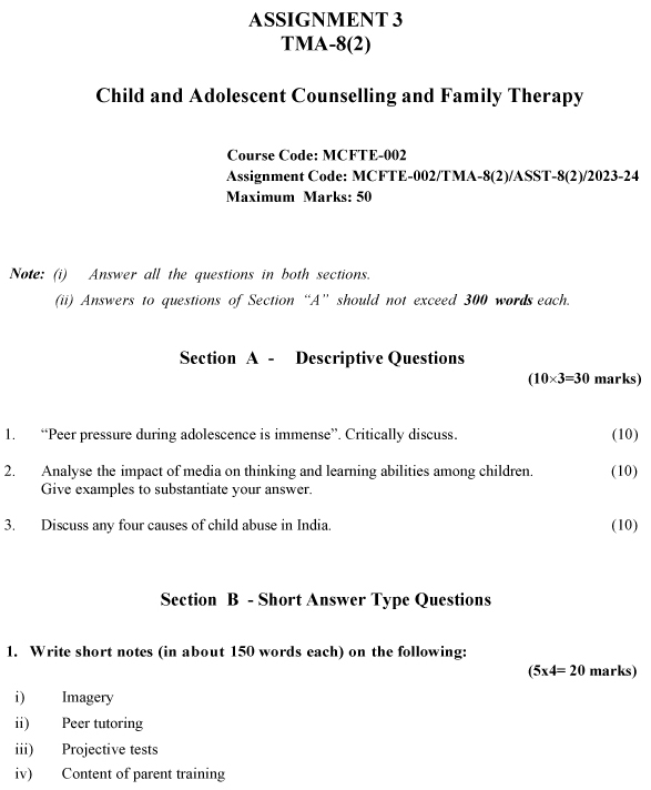 IGNOU MCFTE-02 - Child and Adolescent Counselling and Family Therapy Latest Solved Assignment-July 2023 - January 2024