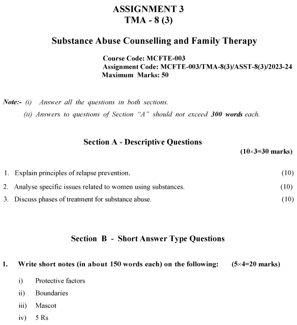 IGNOU MCFTE-03 - Substance Abuse Counselling and Family Therapy Latest Solved Assignment-July 2023 - January 2024