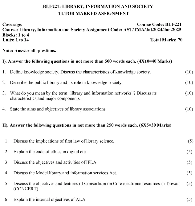 IGNOU BLI-221 - Library, Information and Society, Latest Solved Assignment-July 2024 - January 2025