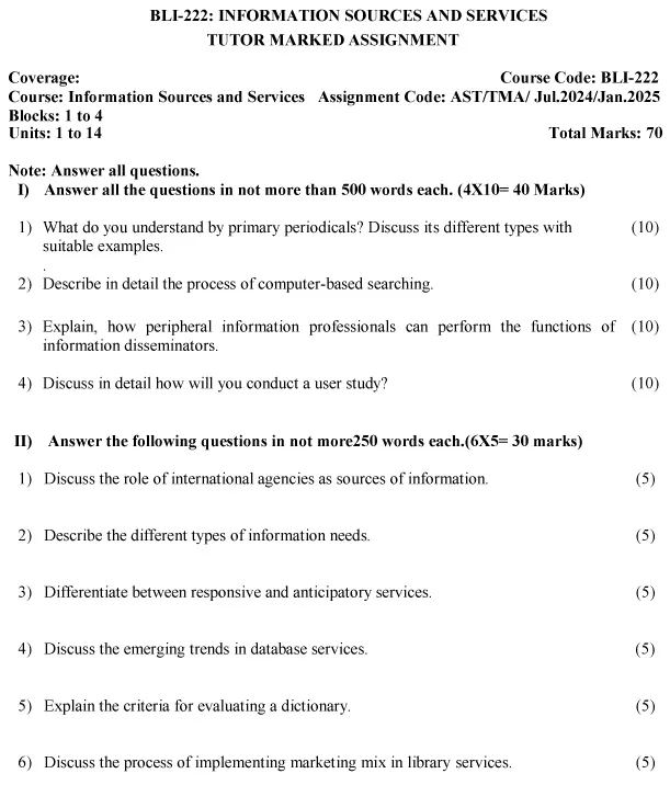 IGNOU BLI-222 - Information Sources and Services, Latest Solved Assignment-July 2024 - January 2025