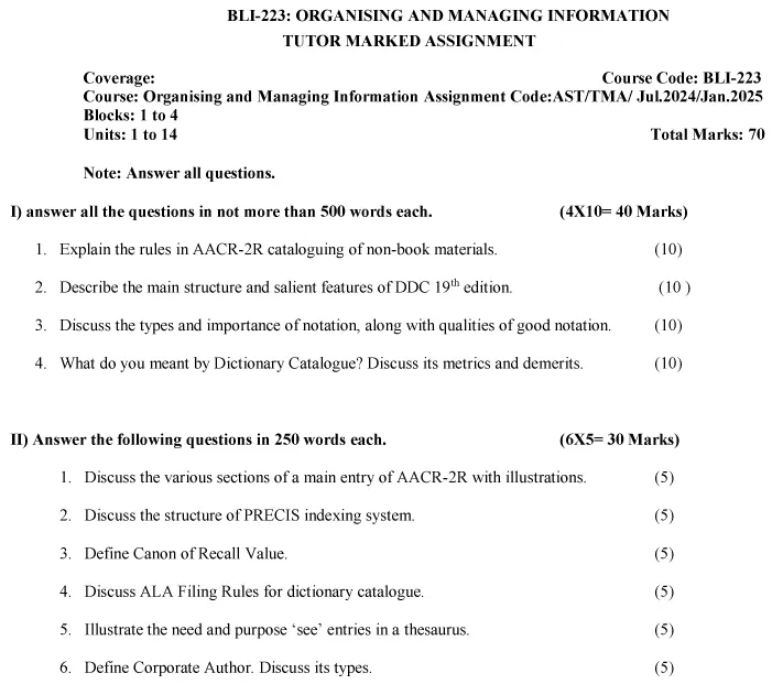 IGNOU BLI-223 - Organising and Managing Information, Latest Solved Assignment-July 2024 - January 2025