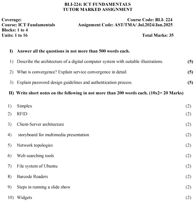 IGNOU BLI-224 - ICT Fundamentals, Latest Solved Assignment-June 2024 - December 2024