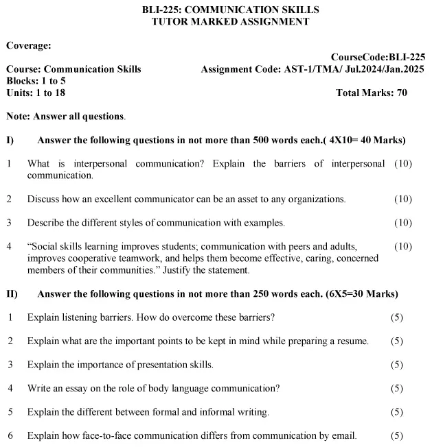 IGNOU BLI-225 - Communication Skills, Latest Solved Assignment-July 2024 - January 2025