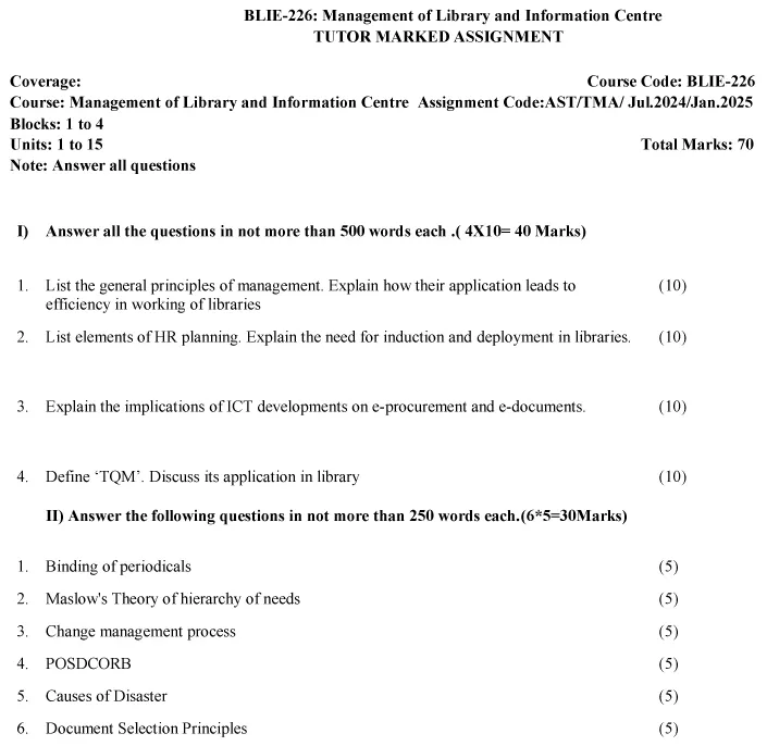 IGNOU BLIE-226 - Management of Library and Information Centre, Latest Solved Assignment -July 2024 - January 2025