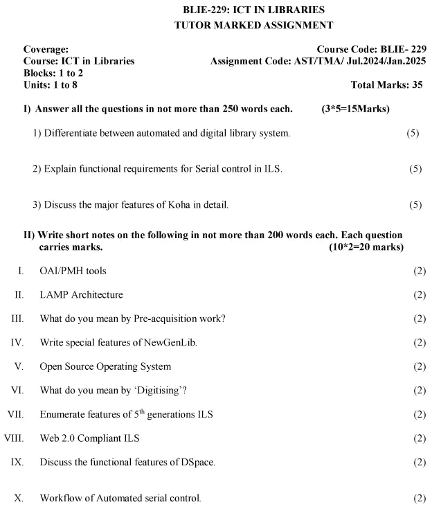 IGNOU BLIE-229 - ICT in Libraries, Latest Solved Assignment-July 2024 - January 2025