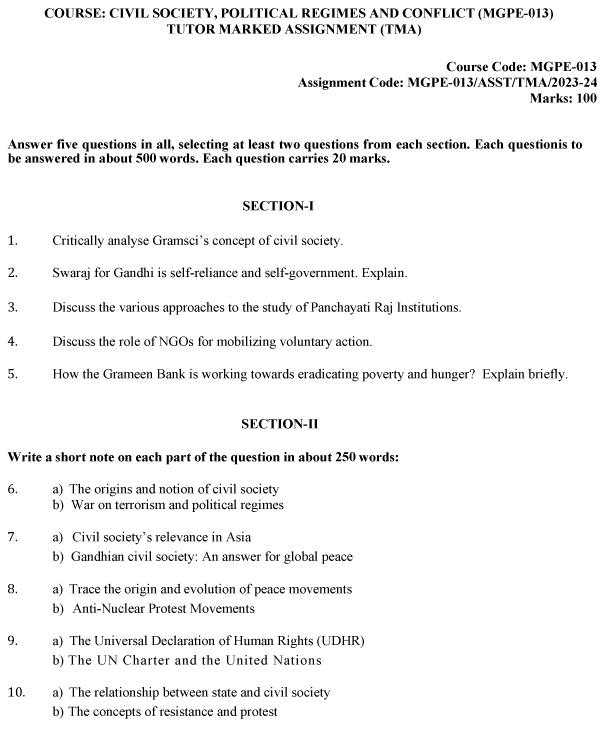 IGNOU MGPE-13 - Civil Society, Political Regimes and Conflict Latest Solved Assignment-July 2023 - January 2024