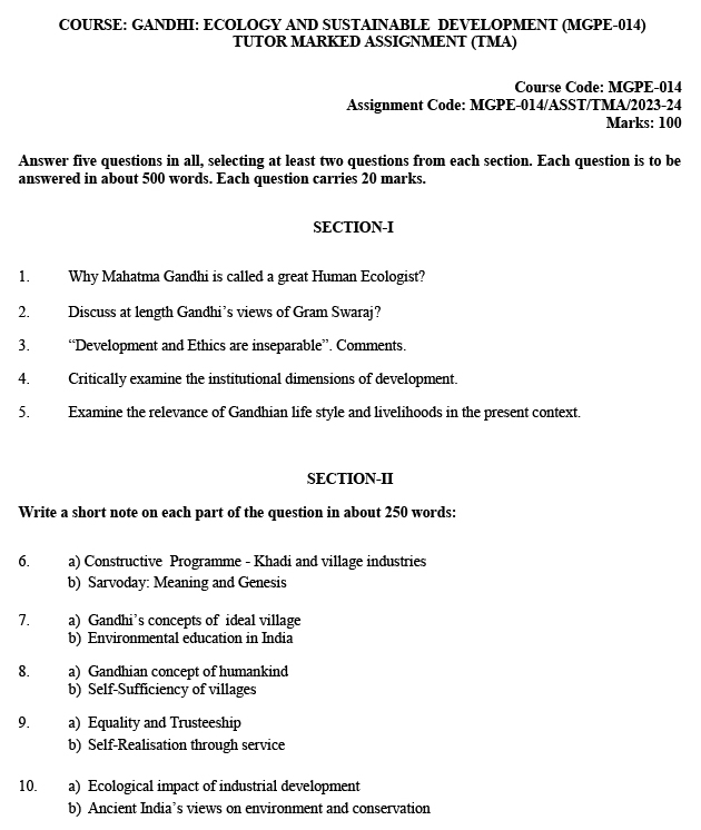 IGNOU MGPE-14 - Gandhi, Ecology and Sustainable Development Latest Solved Assignment-July 2023 - January 2024