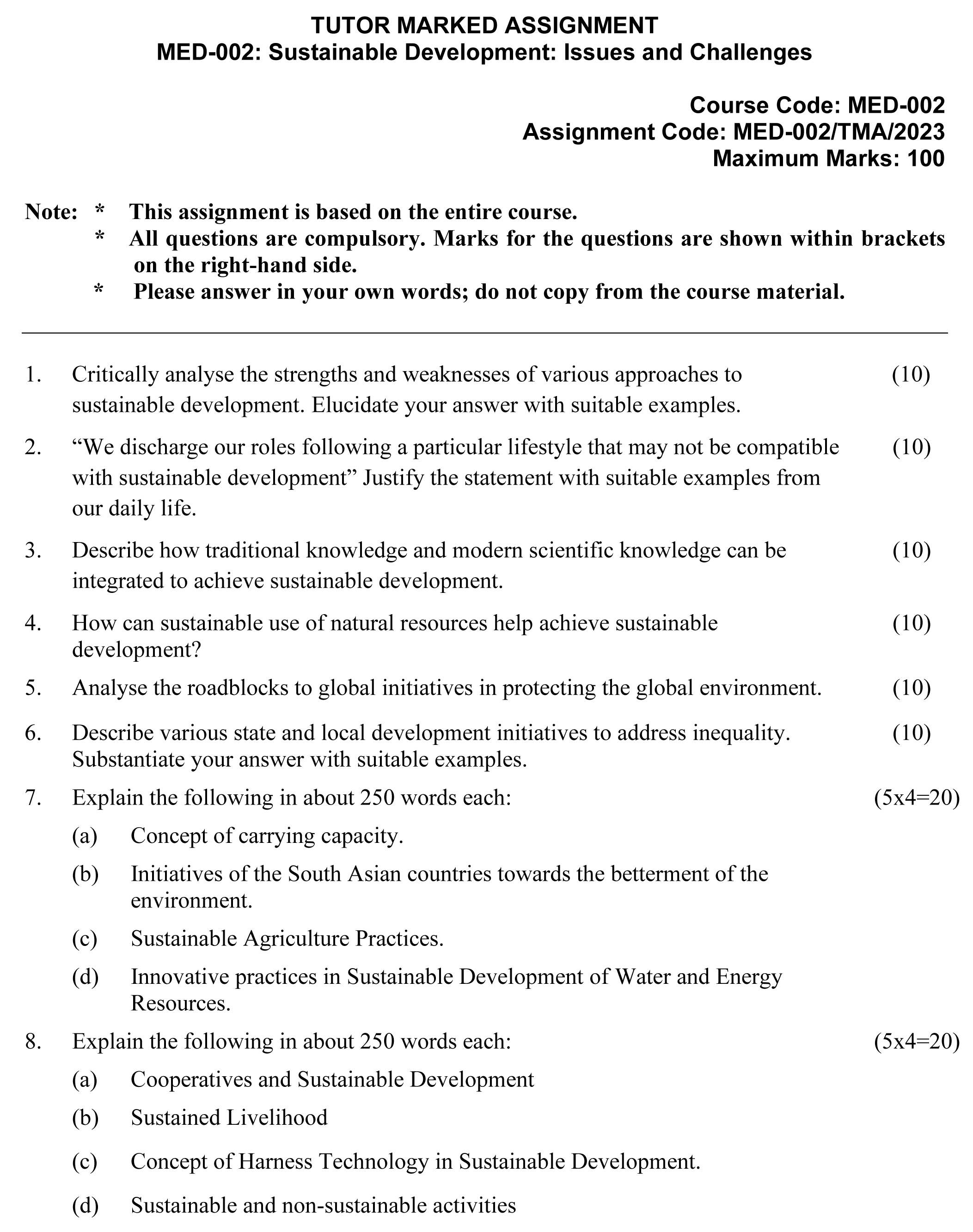 IGNOU MED-02 - Sustainable Development: Issues and Challenges Latest Solved Assignment-January 2023 - December 2023