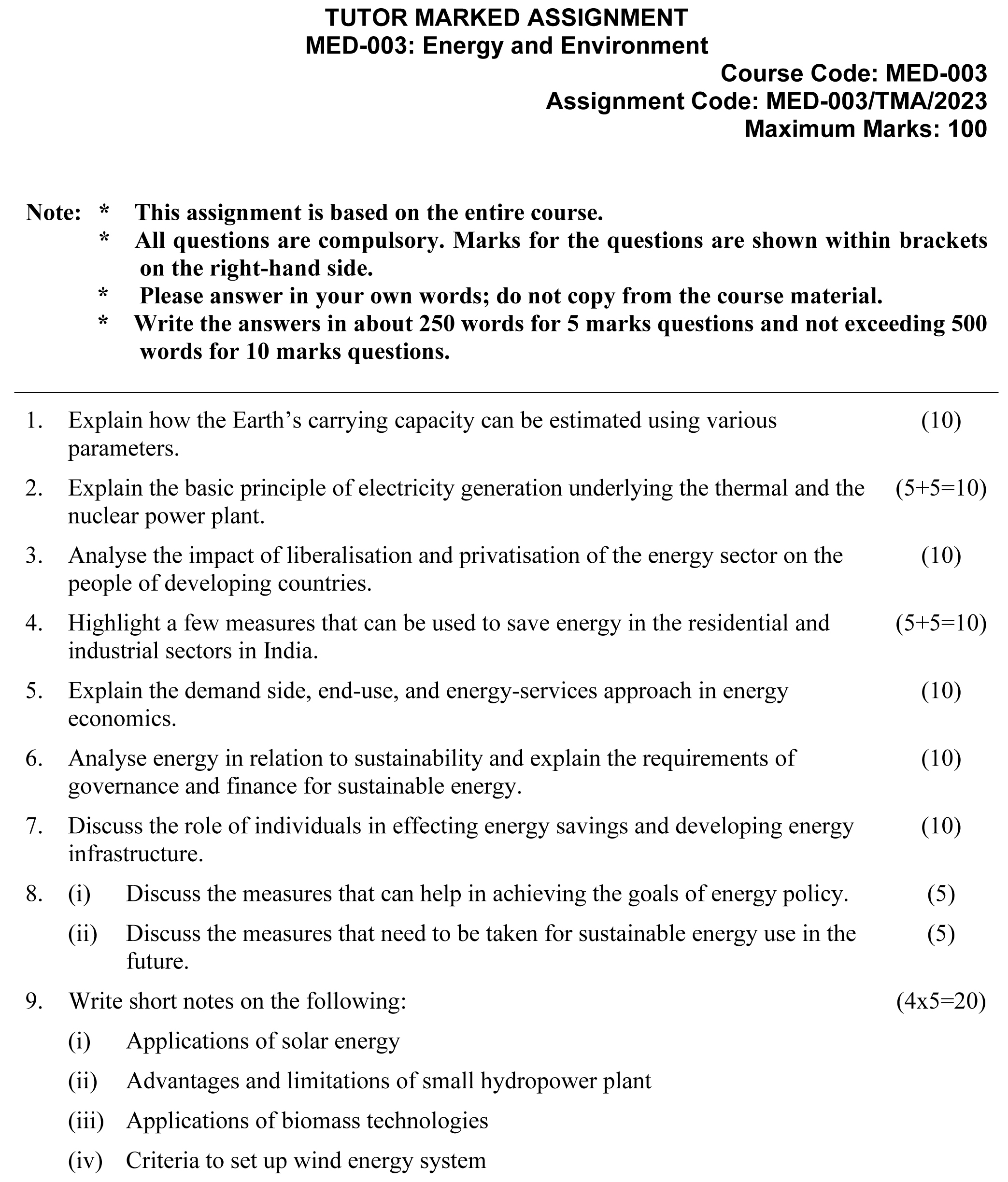 IGNOU MED-03 - Energy and Environment Latest Solved Assignment-January 2023 - December 2023