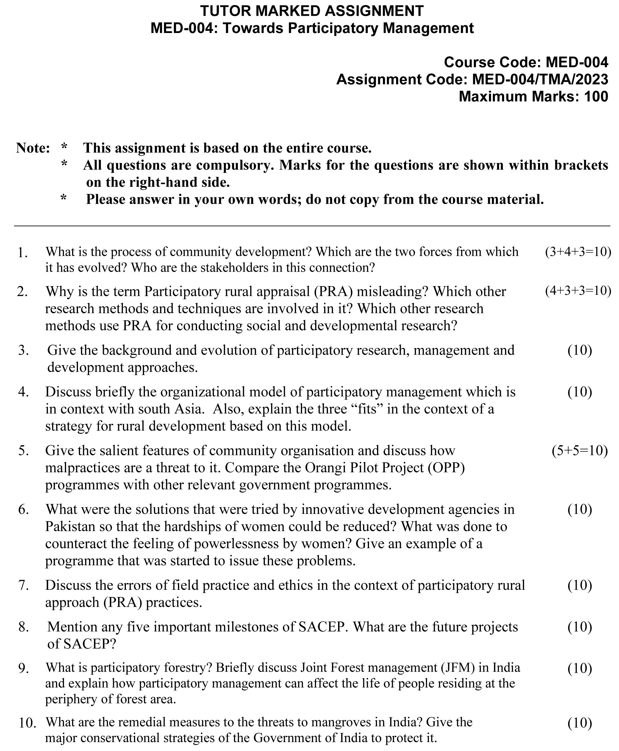 IGNOU MED-04 - Towards Participatory Management Latest Solved Assignment-January 2023 - December 2023