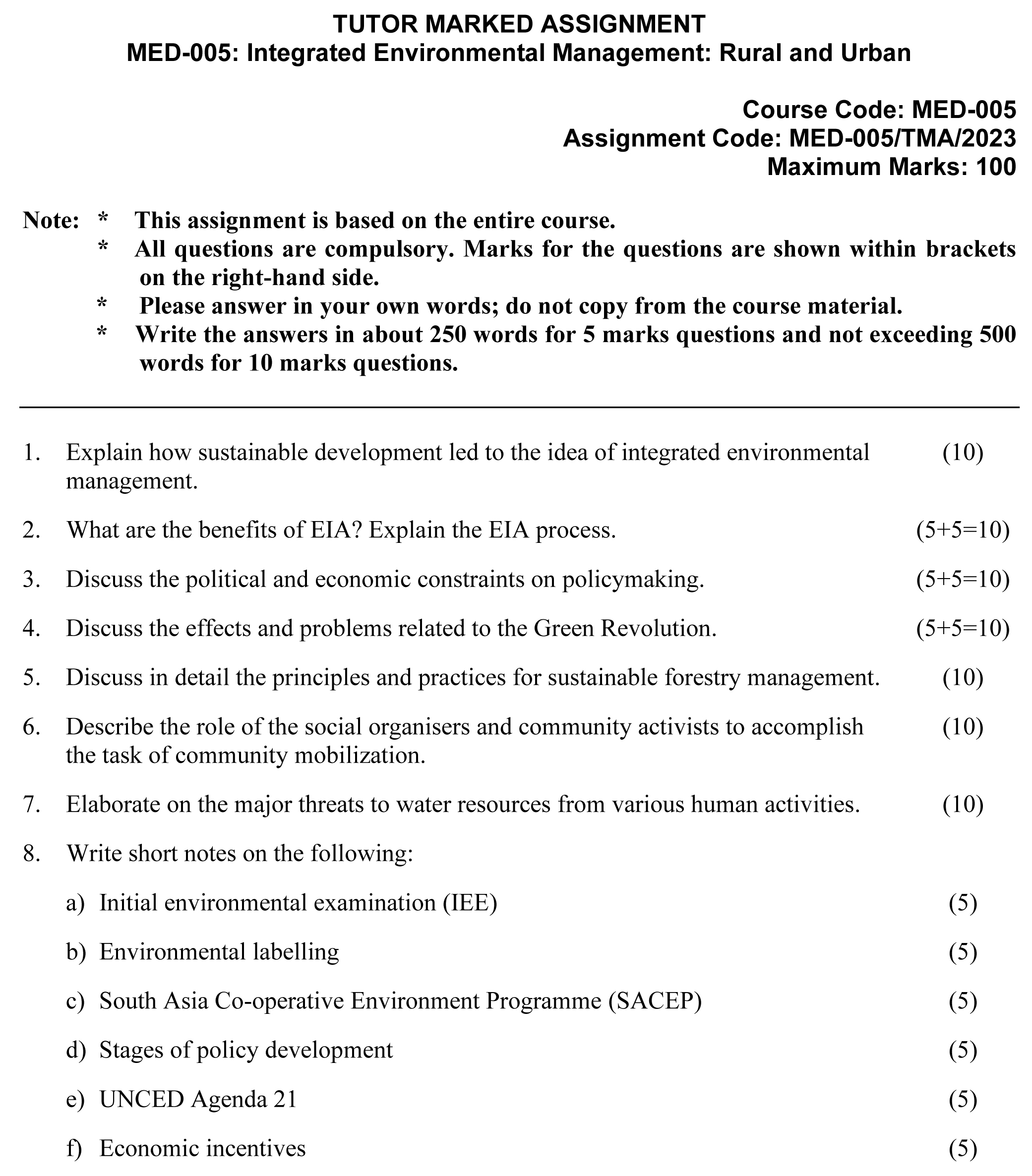 IGNOU MED-05 - Integrated Environment Management: Urban and Rural Latest Solved Assignment-January 2023 - December 2023