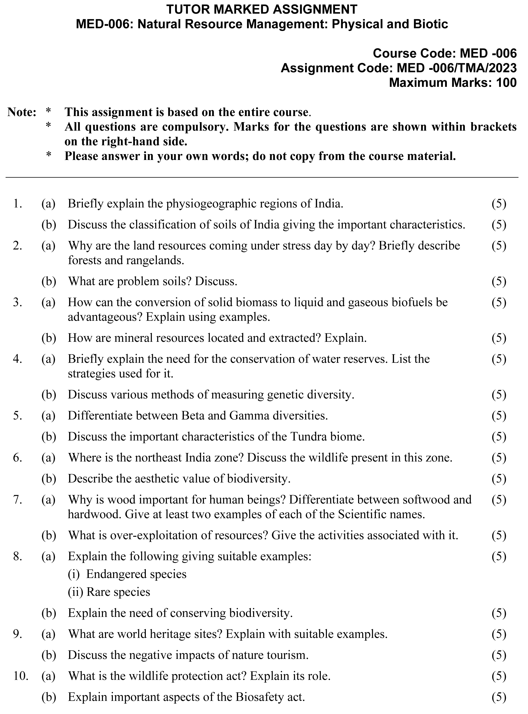 IGNOU MED-06 - Natural Resource Management: Physical and Biotic Latest Solved Assignment-January 2023 - December 2023