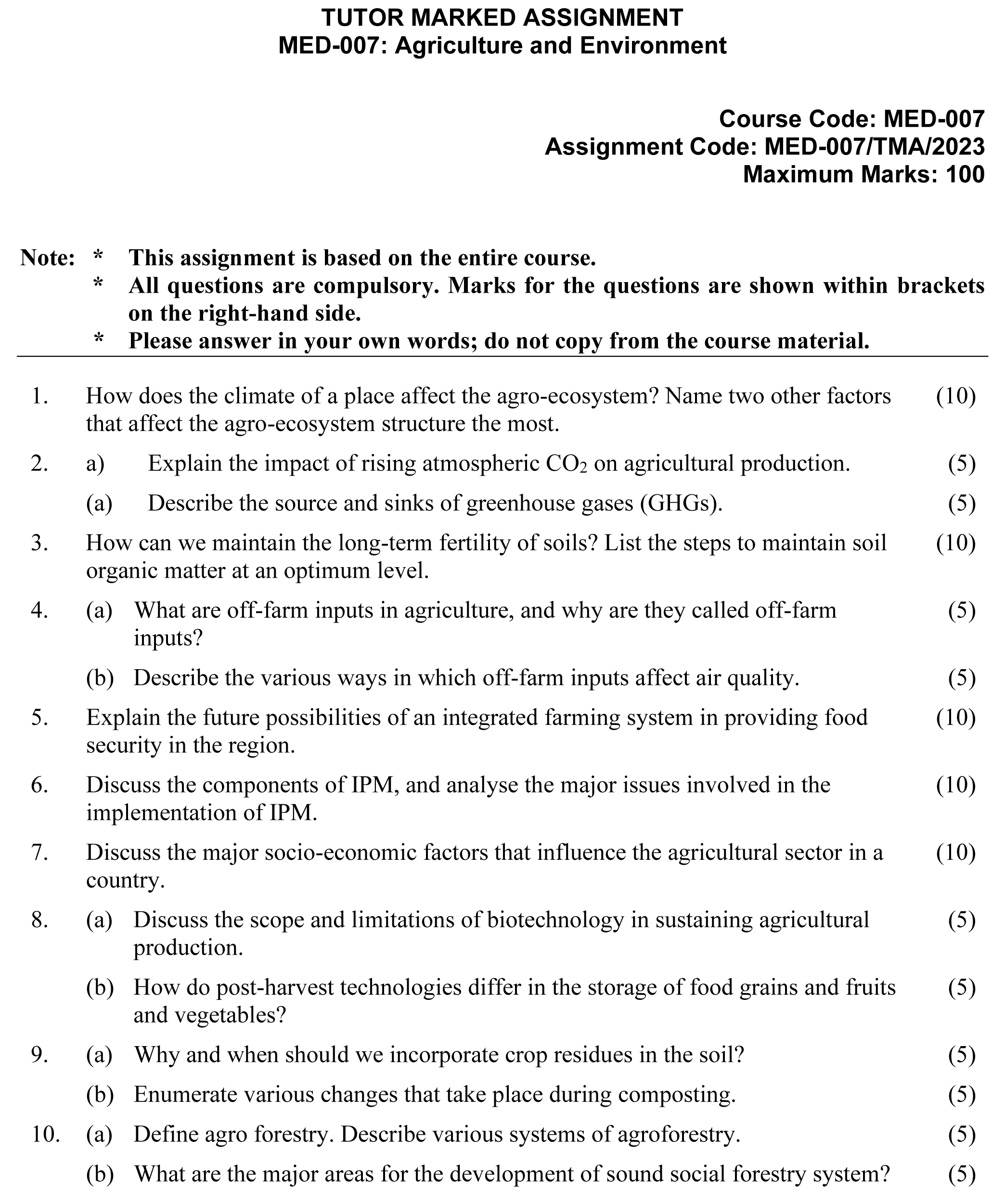 IGNOU MED-07 - Agriculture and Environment Latest Solved Assignment-January 2023 - December 2023