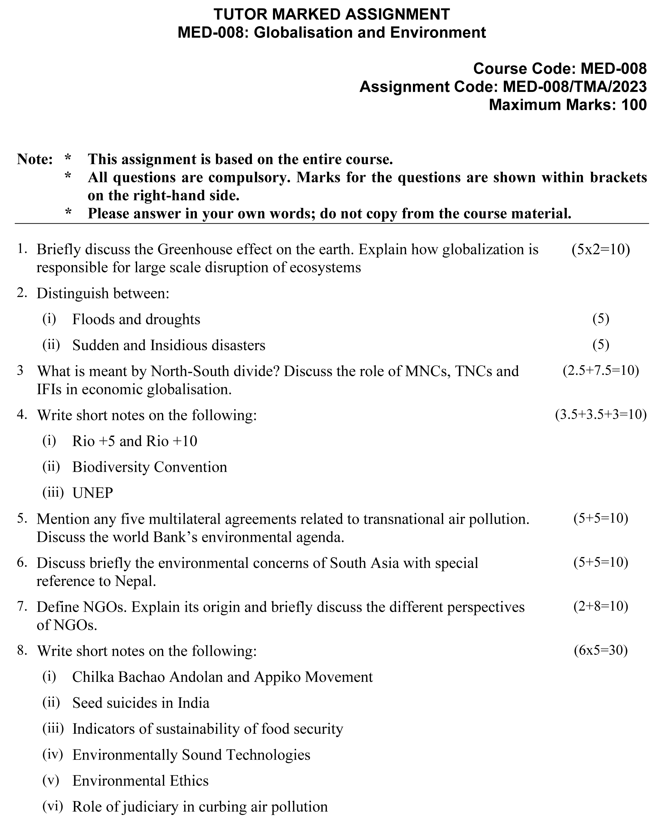 IGNOU MED-08 - Globalisation and Environment Latest Solved Assignment-January 2023 - December 2023