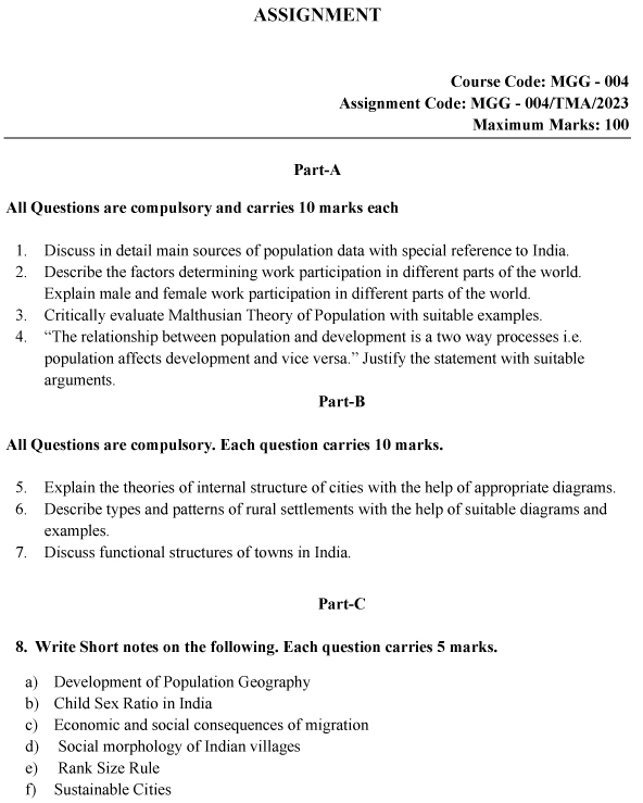 IGNOU MGG-04 - Population and Settlement Geography Latest Solved Assignment-July 2023 - June 2024