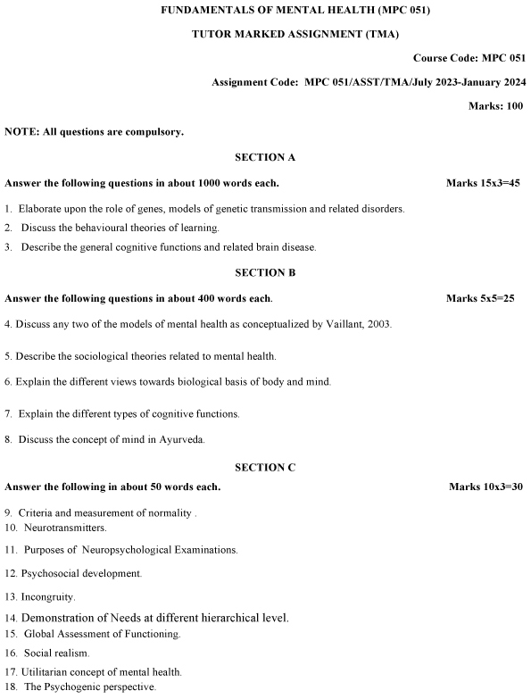 IGNOU MPC-51 - Fundamentals of Mental Health Latest Solved Assignment-July 2023 - January 2024