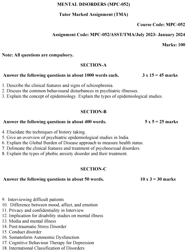 IGNOU MPC-52 - Mental Disorders Latest Solved Assignment-July 2023 - January 2024