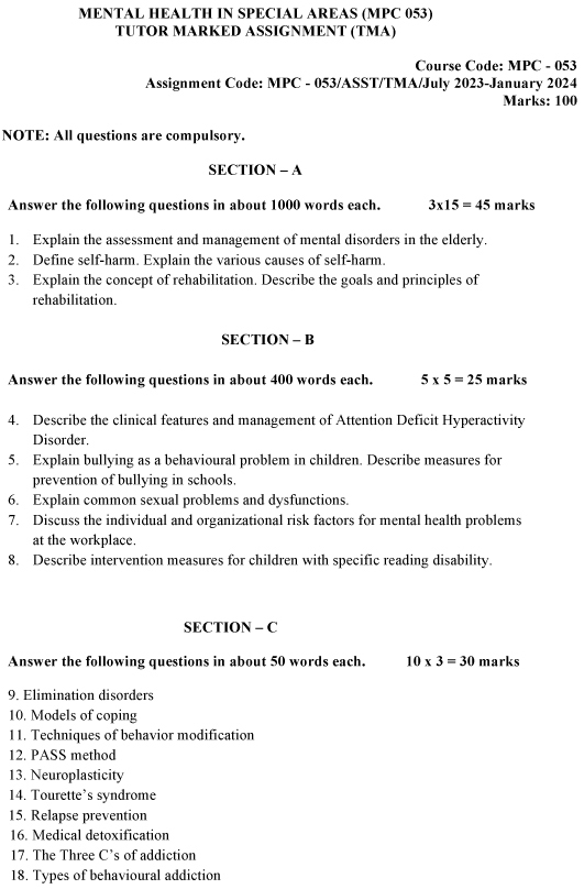 IGNOU MPC-53 - Mental Health in Special Areas Latest Solved Assignment-July 2023 - January 2024