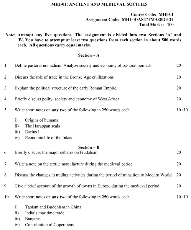 IGNOU MHI-01 - Ancient and Medieval Societies Latest Solved Assignment-July 2023 - January 2024