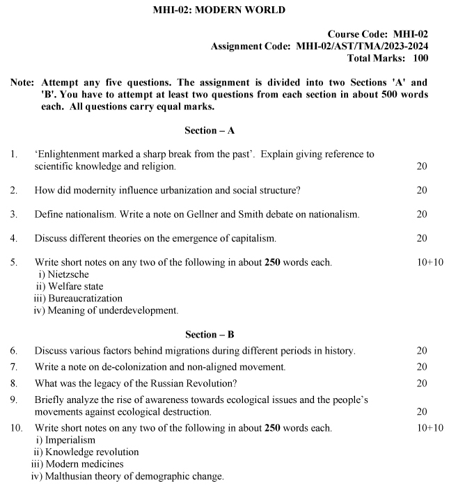 IGNOU MHI-02 - Modern World Latest Solved Assignment-July 2023 - January 2024