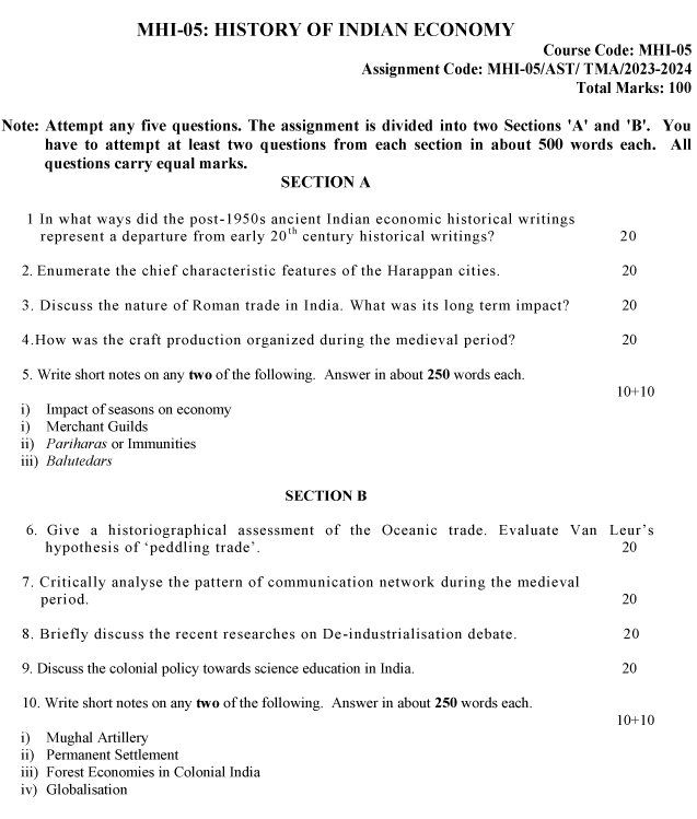 IGNOU MHI-05 - History of Indian Economy Latest Solved Assignment-July 2023 - January 2024