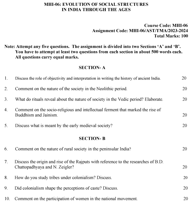 IGNOU MHI-06 - Evolution of Social Structures in India Through the Ages Latest Solved Assignment-July 2023 - January 2024