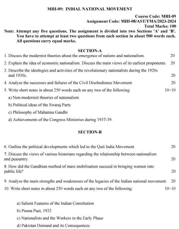 IGNOU MHI-09 - Indian National Movement Latest Solved Assignment-July 2023 - January 2024