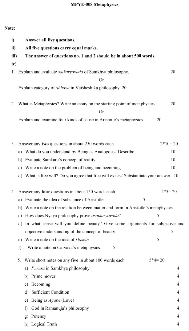 IGNOU MPYE-08 - Metaphysics Latest Solved Assignment-December 2023 - June 2024