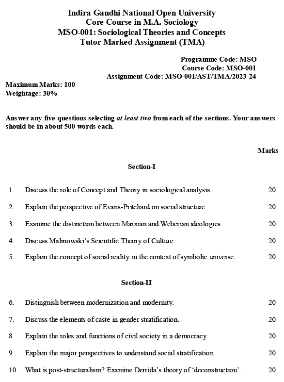 IGNOU MSO-01 - Sociological Theories and Concepts, Latest Solved Assignment-July 2023 - January 2024