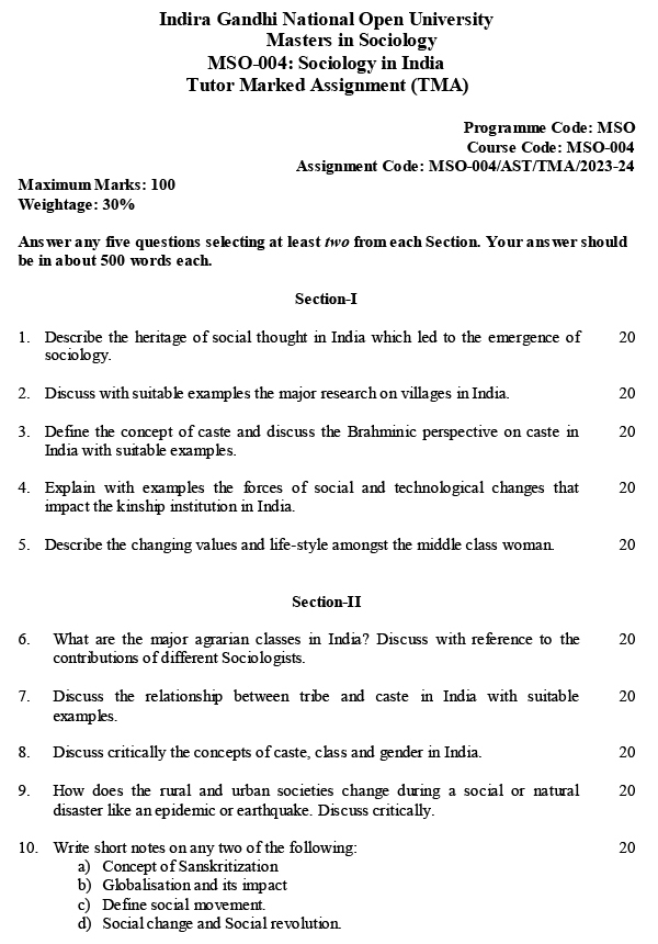 IGNOU MSO-04 - Sociology in India, Latest Solved Assignment-July 2023 - January 2024