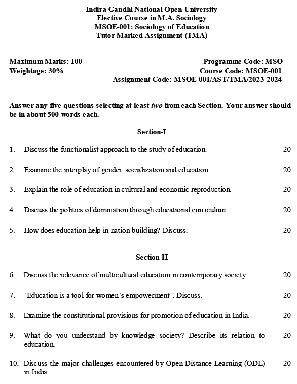 IGNOU MSOE-01 - Sociology of Education, Latest Solved Assignment-July 2023 - January 2024