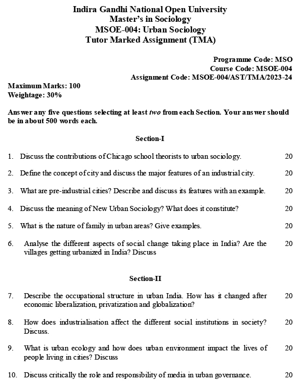 IGNOU MSOE-04 - Urban Sociology, Latest Solved Assignment-July 2023 - January 2024