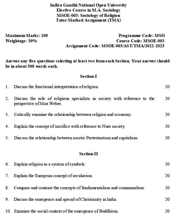 IGNOU MSOE-03 - Sociology of Religion, Latest Solved Assignment-July 2023 - January 2024