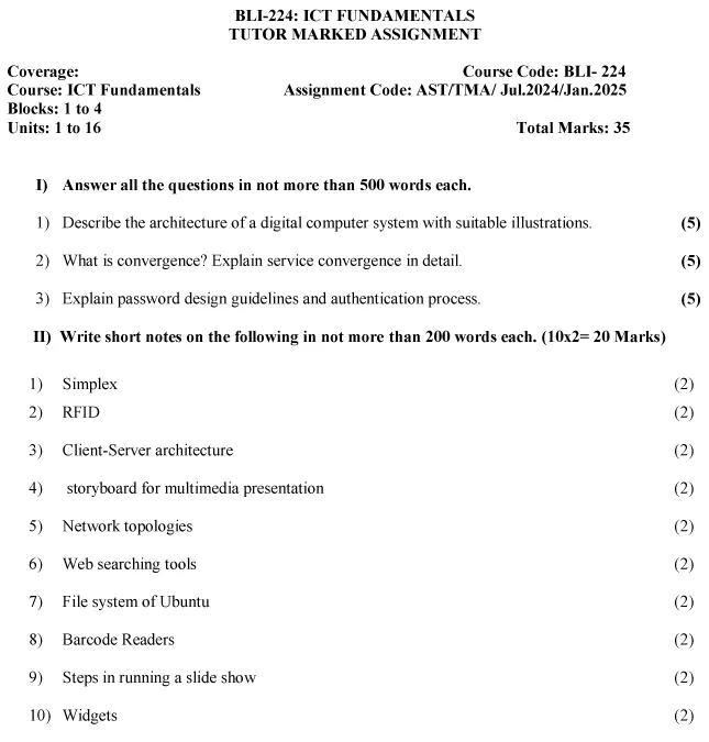 IGNOU BLI-224 - ICT Fundamentals, Latest Solved Assignment-July 2024 - January 2025