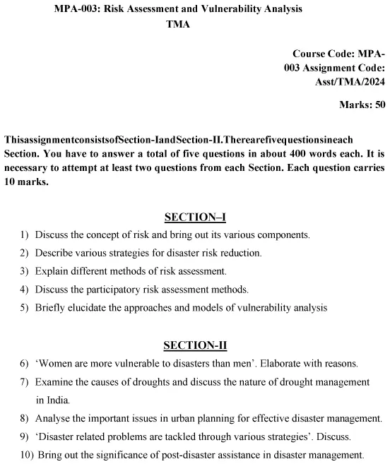 IGNOU MPA-03 - Risk Assessment and Vulnerability Analysis, Latest Solved Assignment-January 2024 - July 2024