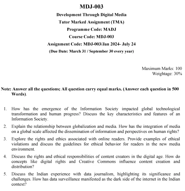 IGNOU MDJ-03 - Development Through Digital Media Latest Solved Assignment-January 2024 - July 2024