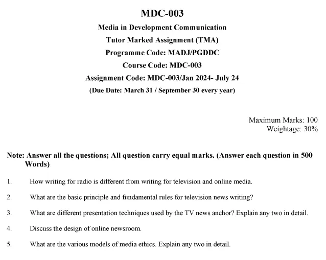 IGNOU MDC-03 - Media in Development Communication Latest Solved Assignment-January 2024 - July 2024