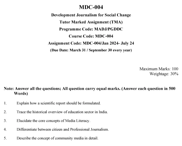 IGNOU MDC-04 - Development Journalism for Social Change Latest Solved Assignment-January 2024 - July 2024