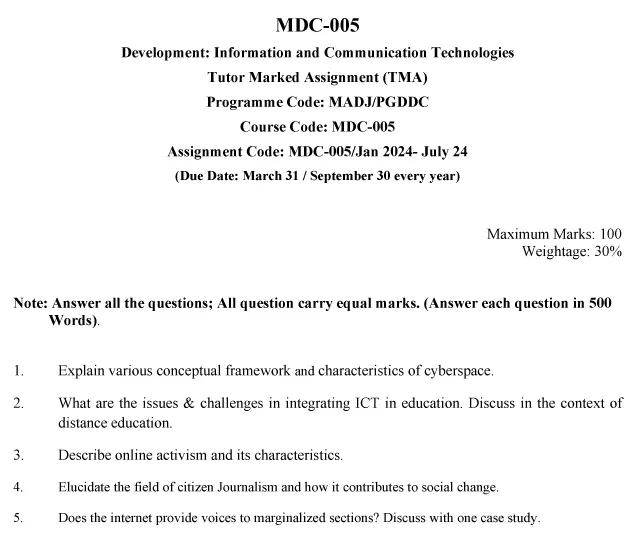 IGNOU MDC-05 - Development: Information and Communicaion Technologies Latest Solved Assignment-January 2024 - July 2024